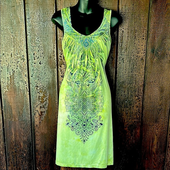 Vintage Dresses & Skirts - SOLD on EBay-Vintage Y2K One World Sleeveless Slinky Boho Dress V Neck Green M